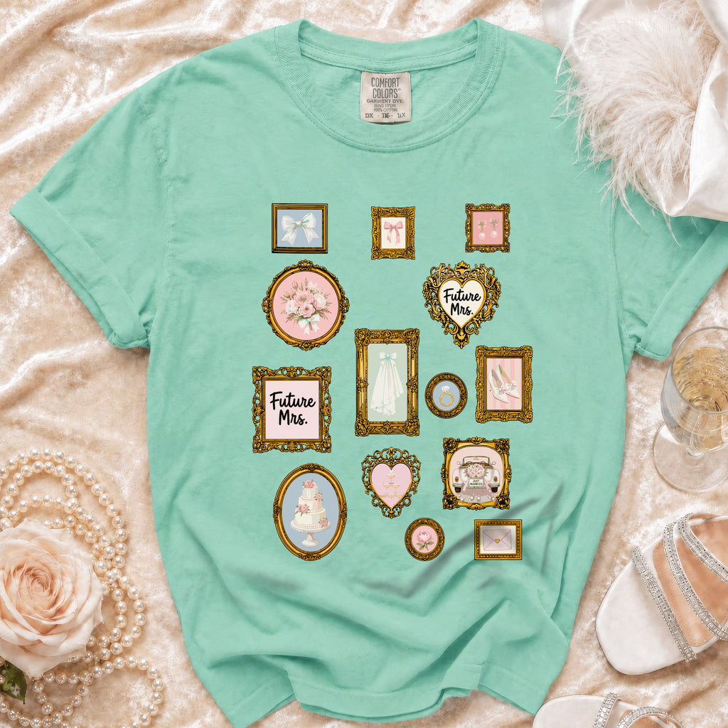 Mint t-shirt with frames of wedding elements including a cake and "Future Mrs." text.