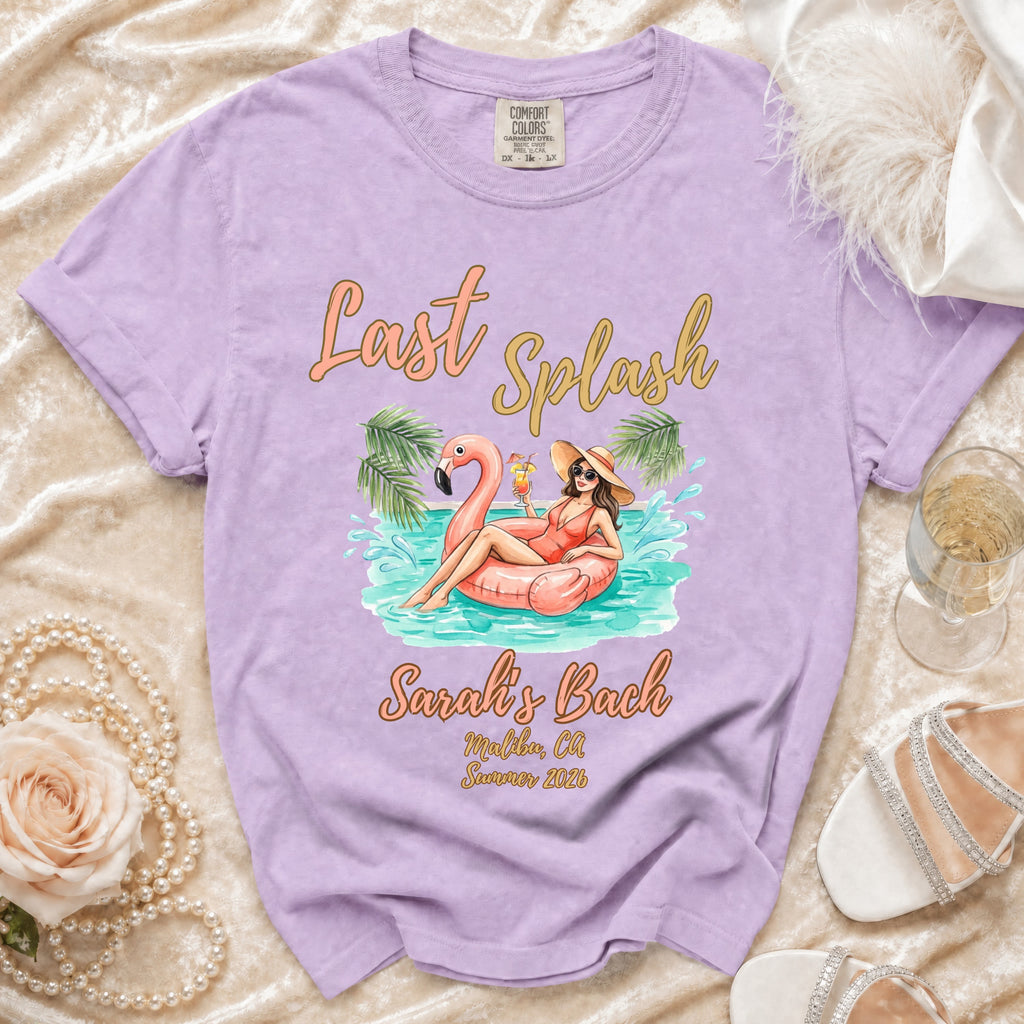 Lavender t-shirt with "Last Splash Sarah's Bach Malibu, Ca Summer 2026" text and graphic.