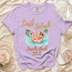 Lavender t-shirt with "Last Splash Sarah's Bach Malibu, Ca Summer 2026" text and graphic.