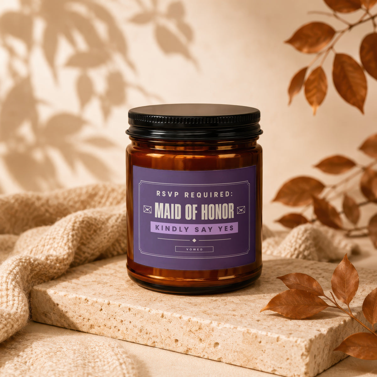 Amber jar candle with "Maid of Honor Kindly Say Yes" text.