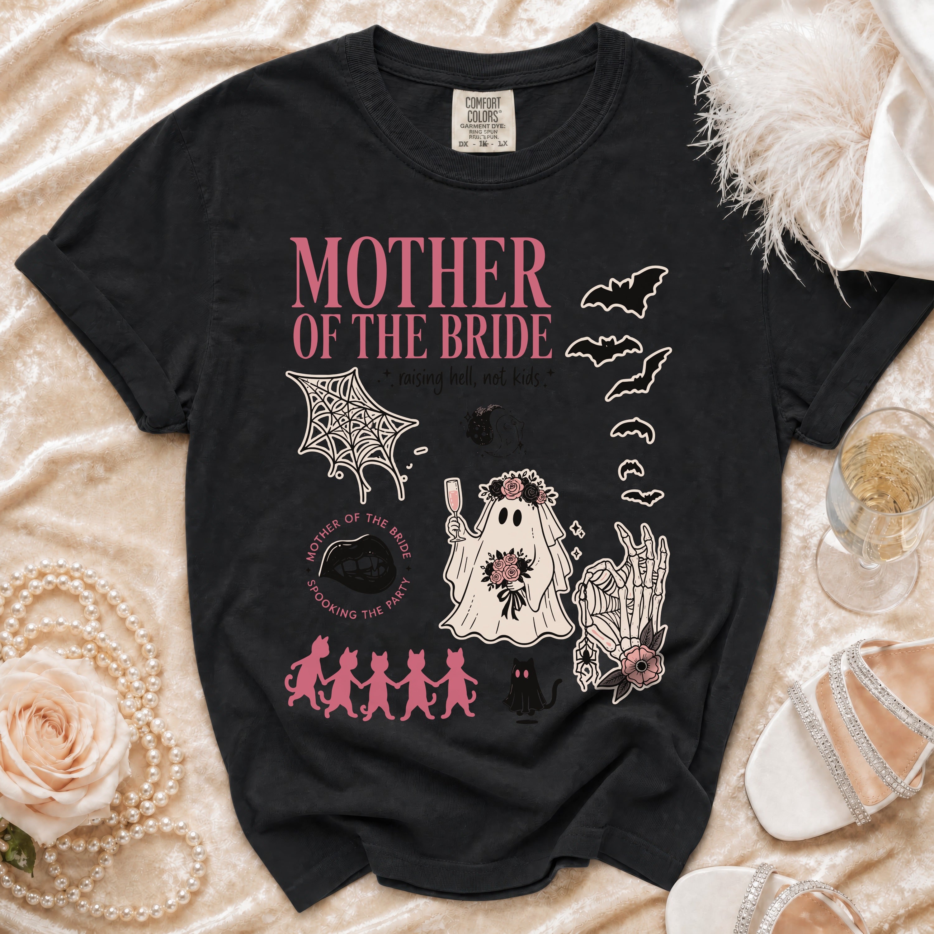 Black t-shirt with "Mother of the Bride" and spooky graphics.