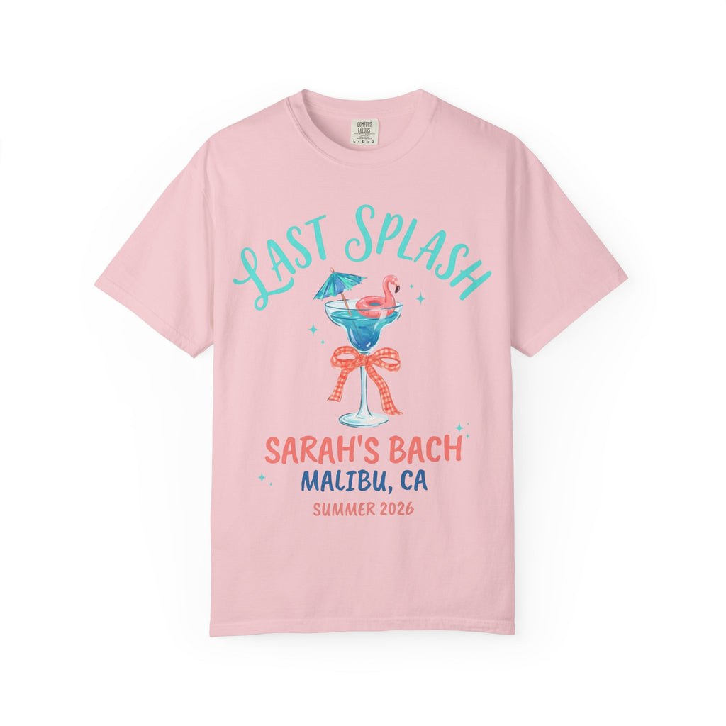 Pink t-shirt with "Last Splash" and flamingo cocktail graphic for Sarah's Bach, Malibu.