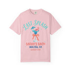 Pink t-shirt with "Last Splash" and flamingo cocktail graphic for Sarah's Bach, Malibu.