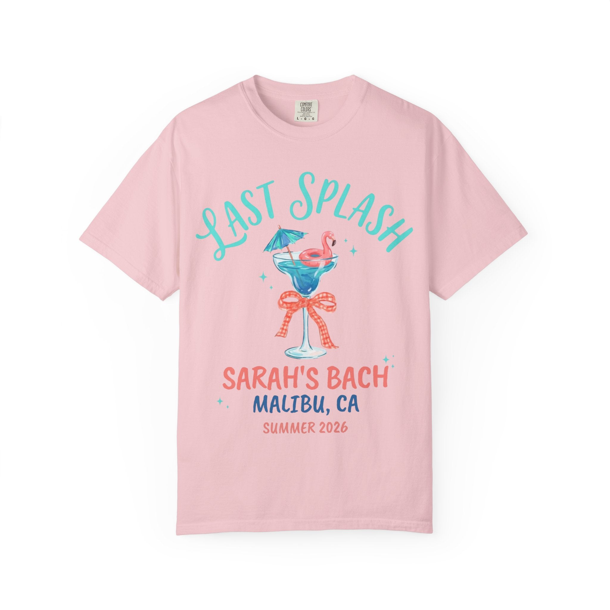 Pink t-shirt with "Last Splash" and flamingo cocktail graphic for Sarah's Bach, Malibu.