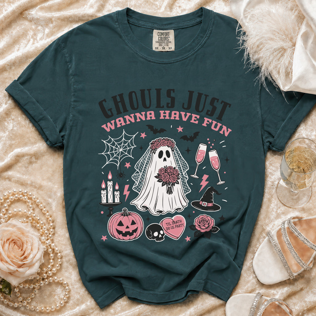 Teal t-shirt with "Ghouls Just Wanna Have Fun" and Halloween graphics.