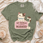 Green t-shirt with cartoon cat graphic and text "My Human is Getting Married."