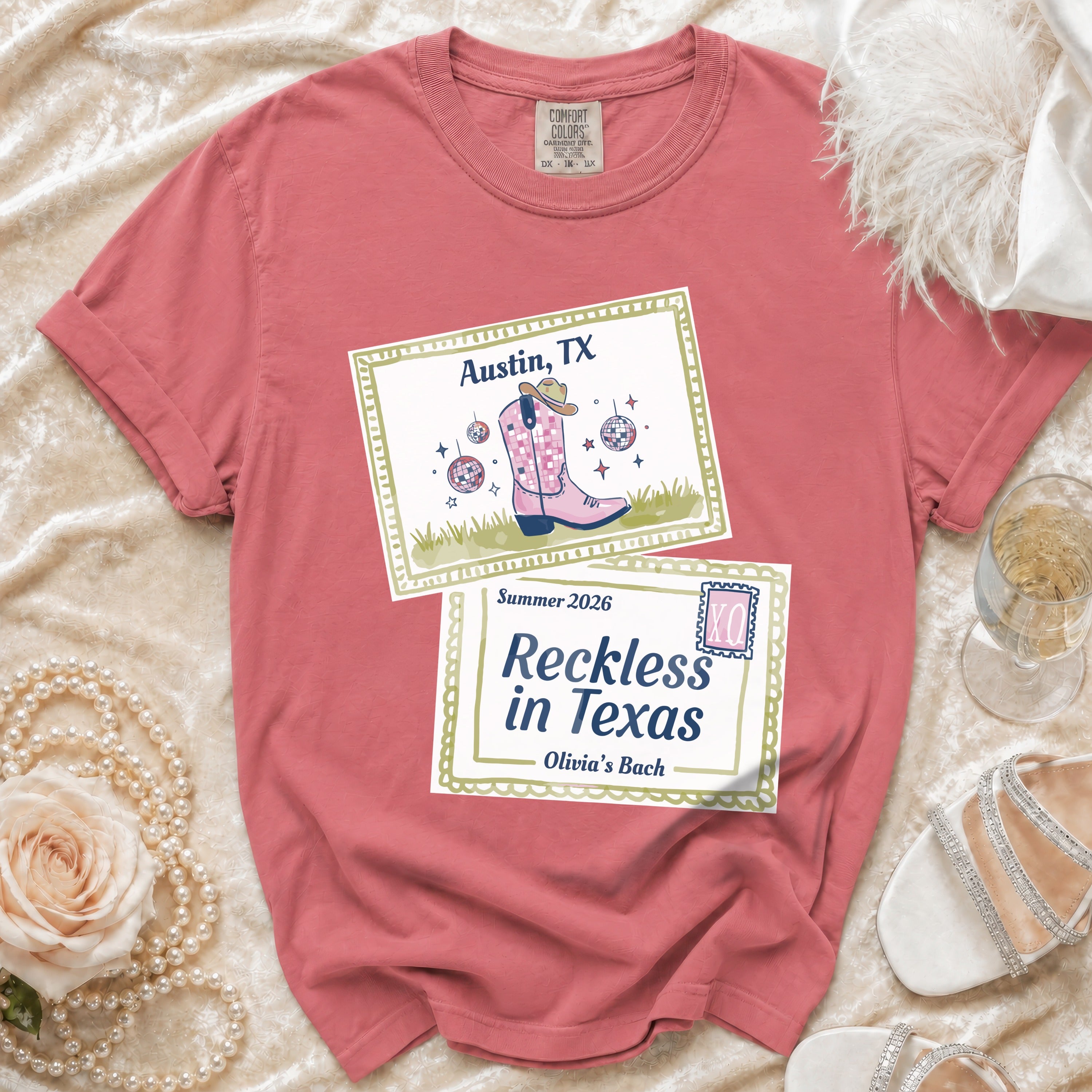T-shirt with "Austin, TX Summer 2026 Reckless in Texas Olivia's Bach" text and graphics.
