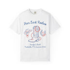 White t-shirt with "Her Last Rodeo" text, cowboy boot, hat, and horseshoe.