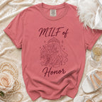 Rose pink t-shirt with "MILF of Honor" text and bridal graphics.