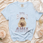 Light blue t-shirt with "Bride before BOOS BABES" text and ghost bride graphic.
