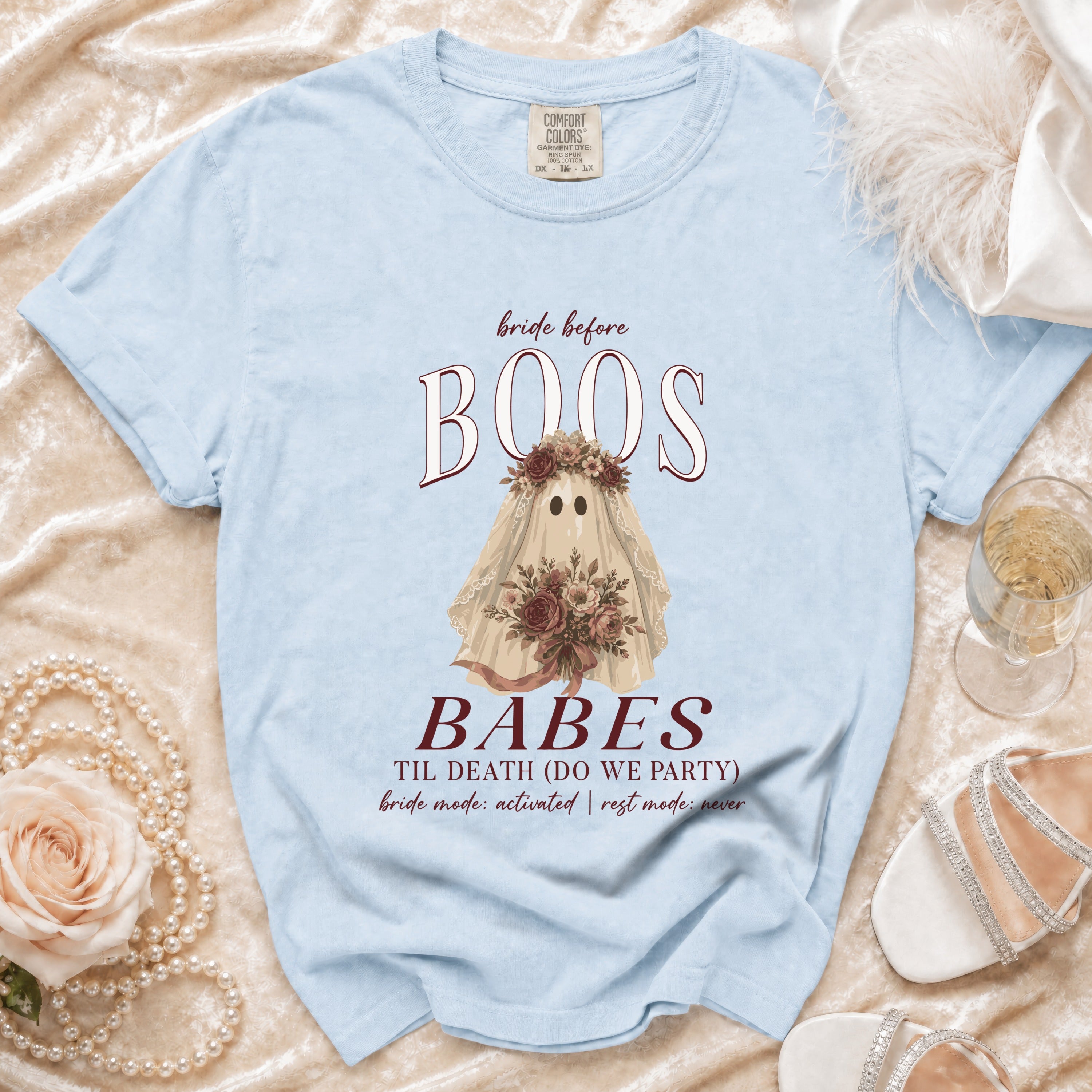 Light blue t-shirt with "Bride before BOOS BABES" text and ghost bride graphic.