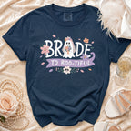Navy t-shirt with "Bride to Boo-tiful" text and a ghost bride graphic.