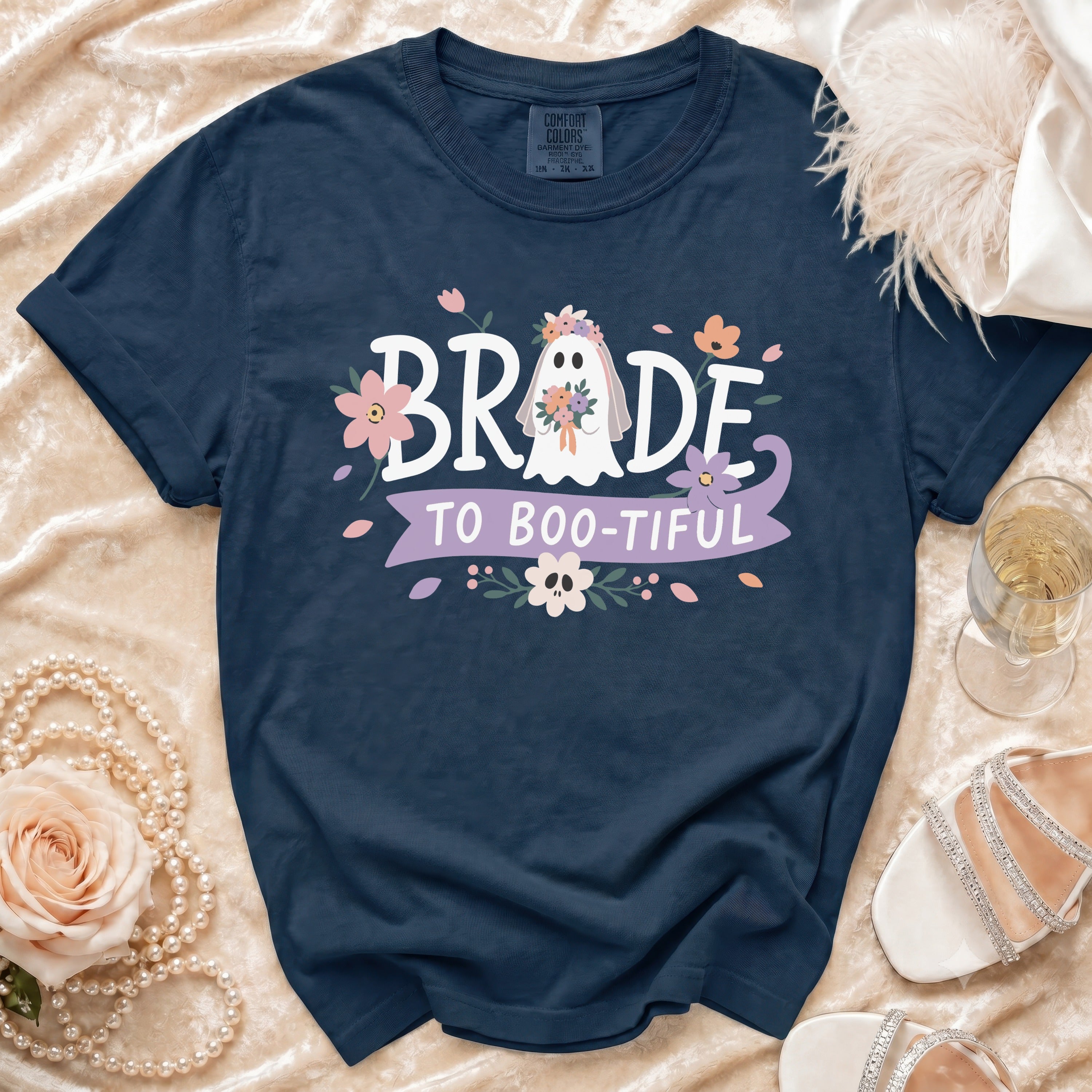 Navy t-shirt with "Bride to Boo-tiful" text and a ghost bride graphic.