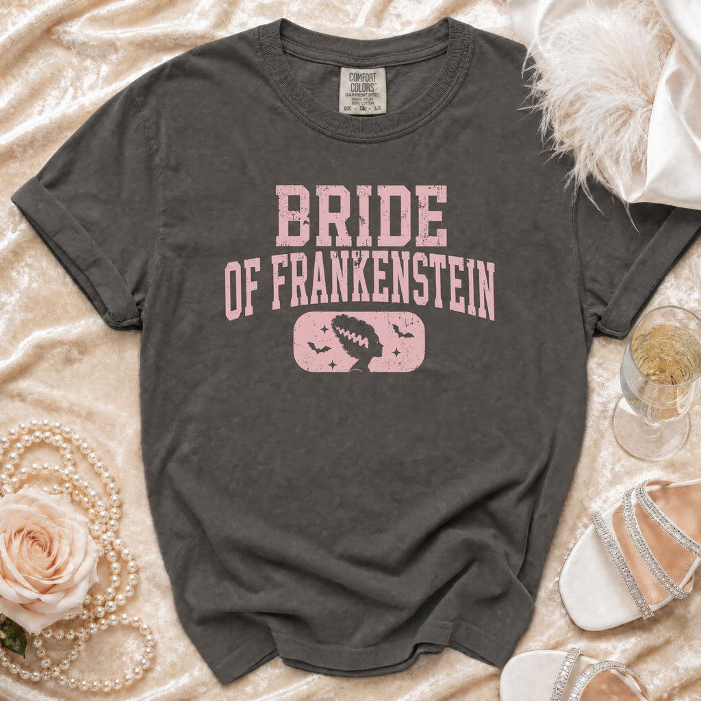 Dark grey t-shirt with pink "Bride of Frankenstein" graphic and Bride silhouette.