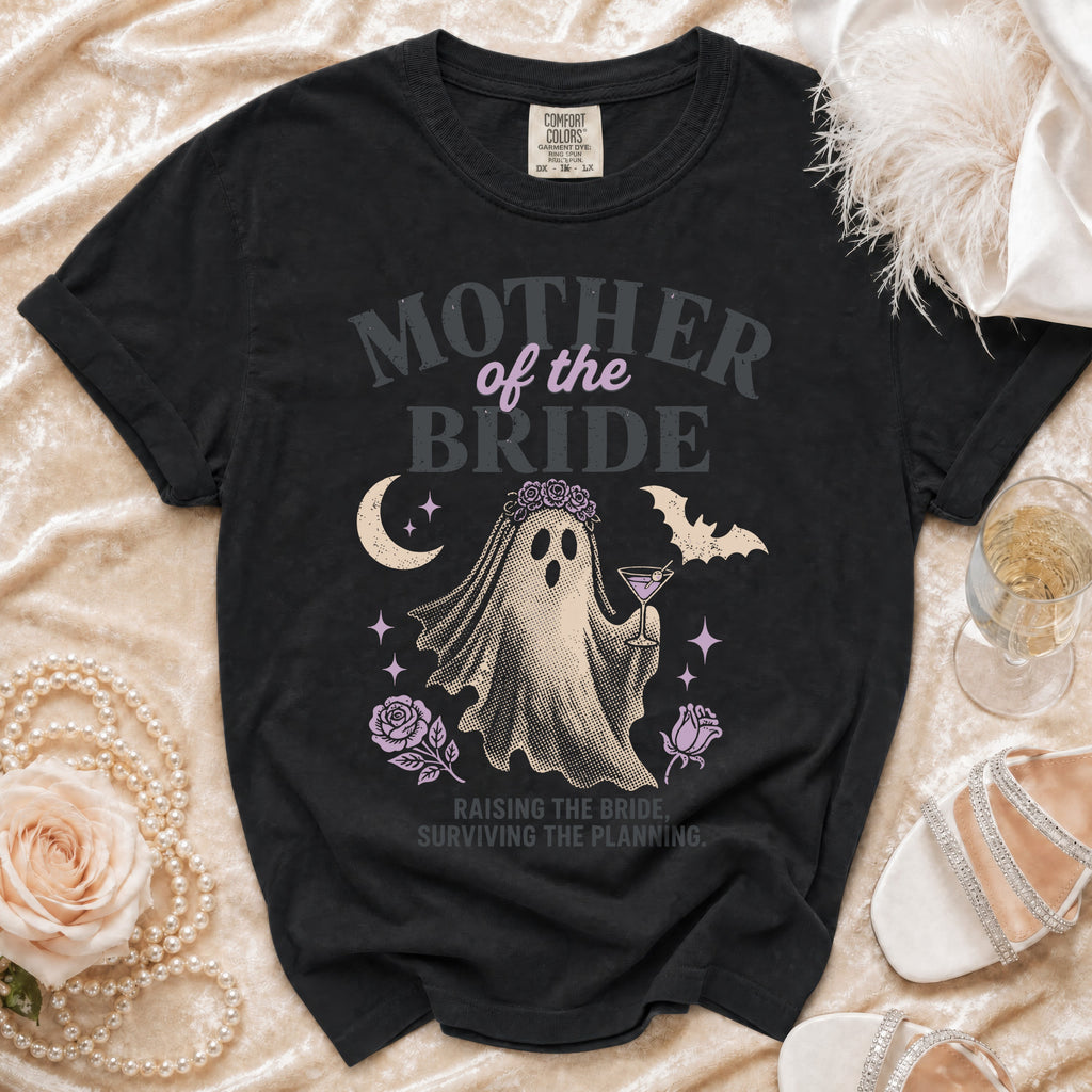 Black t-shirt with "Mother of the Bride" ghost graphic and text.