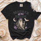 Black t-shirt with "Mother of the Bride" ghost graphic and text.