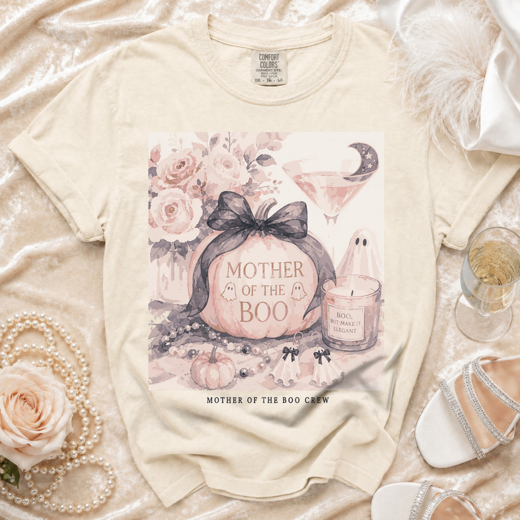 Cream t-shirt with "Mother of the Boo" graphic, including a pumpkin, ghosts, and flowers.