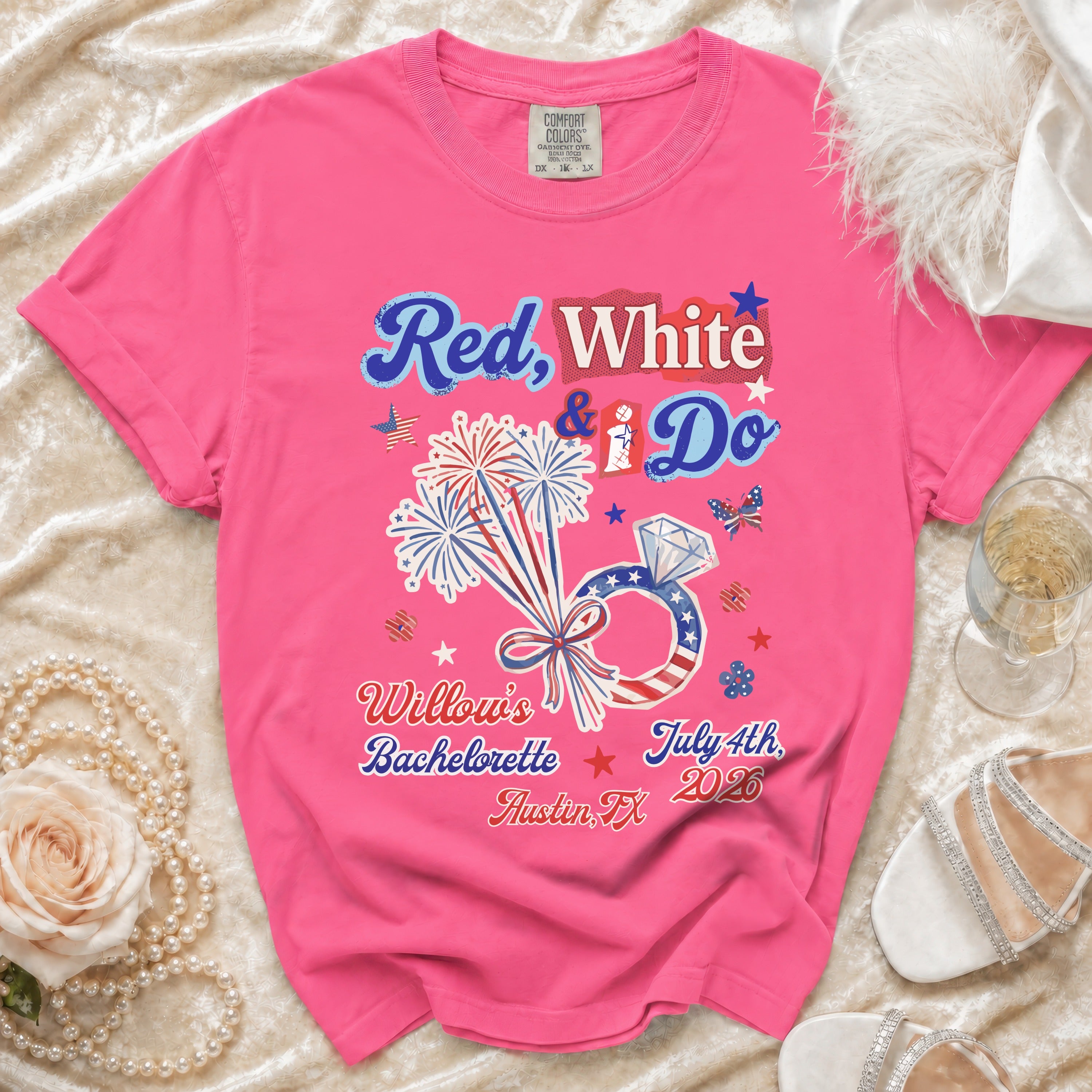 Pink t-shirt with "Red, White & I Do" fireworks graphic and bachelorette details.