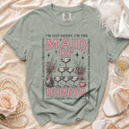 Maid of Honor t-shirt with quote and champagne glasses graphic.