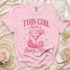 Pink t-shirt with "THIS GIRL Needs a Spicy Marg" and margarita graphic.