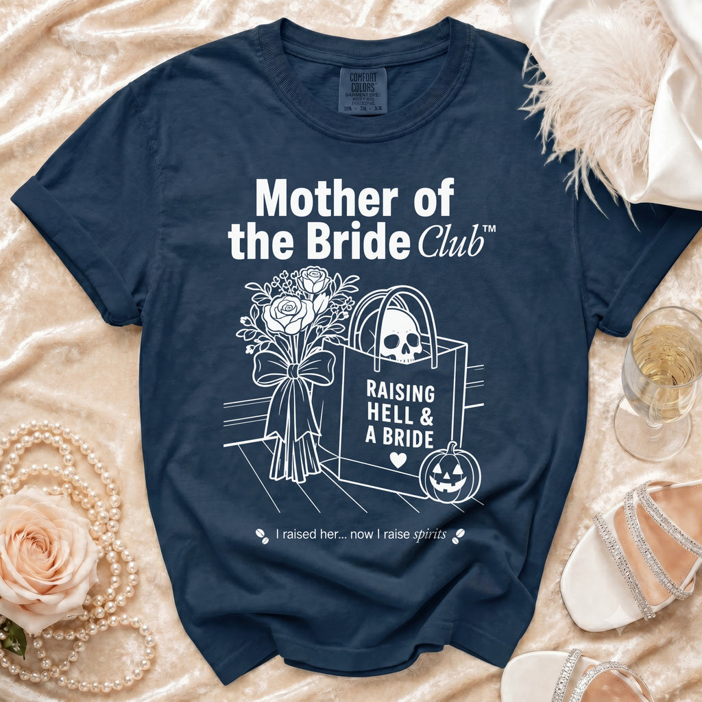 Navy blue t-shirt with "Mother of the Bride Club" graphic featuring skull, roses, and pumpkin.