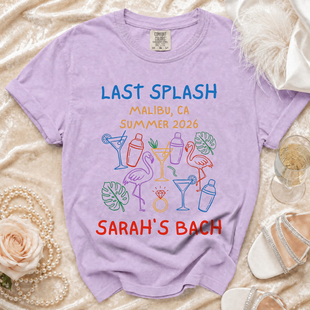 Purple t-shirt with "Last Splash Malibu, CA Summer 2026 Sarah's Bach" and cocktail illustrations.