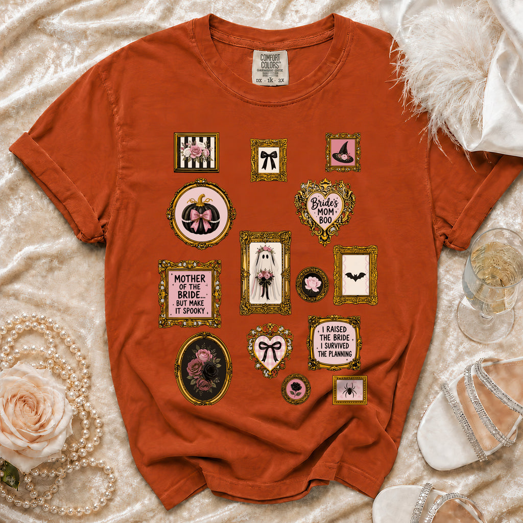 Orange t-shirt with vintage-style frames of Halloween and bridal motifs.