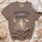 Brown t-shirt with "MOTHER of the BRIDE" and ghost graphic.