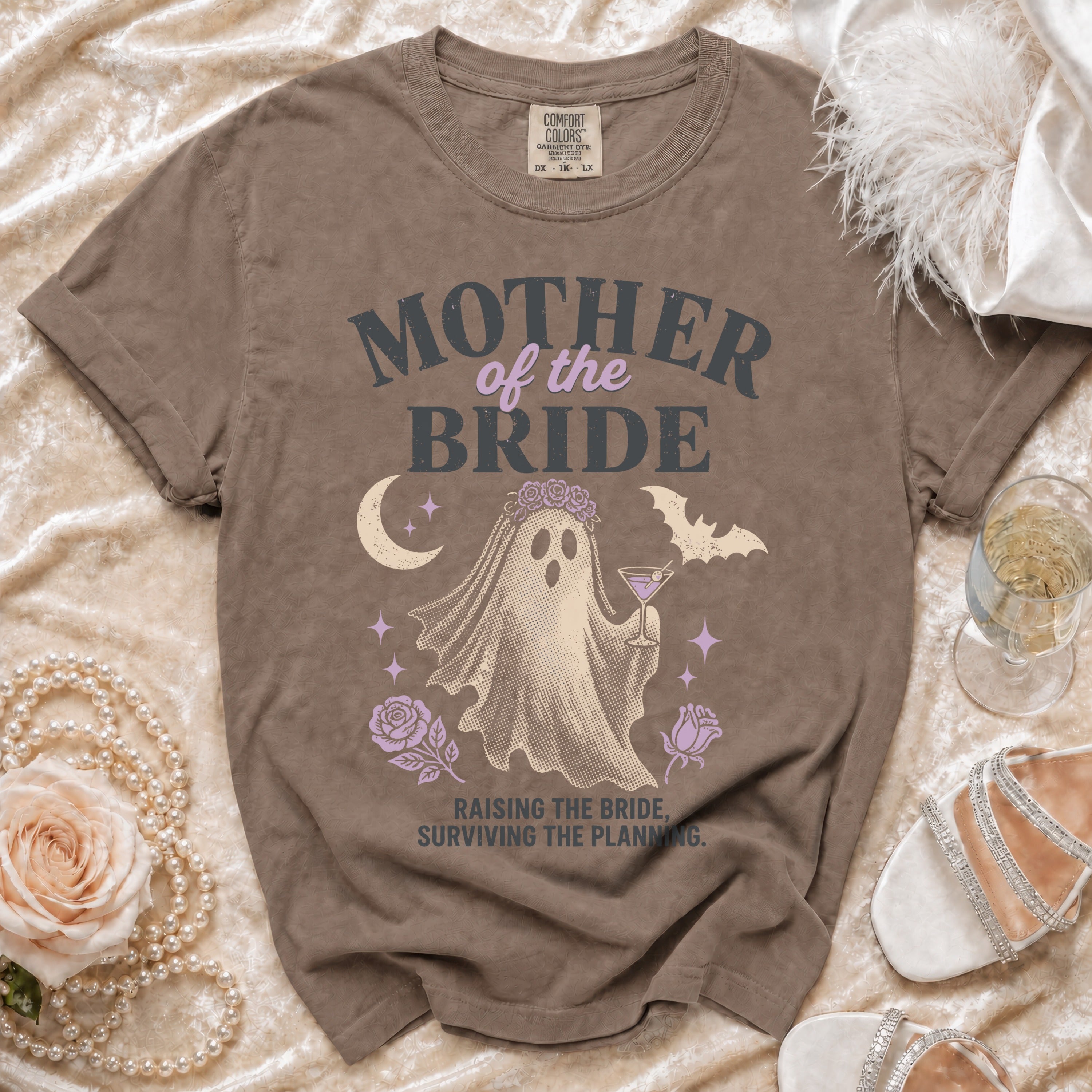 Brown t-shirt with "MOTHER of the BRIDE" and ghost graphic.