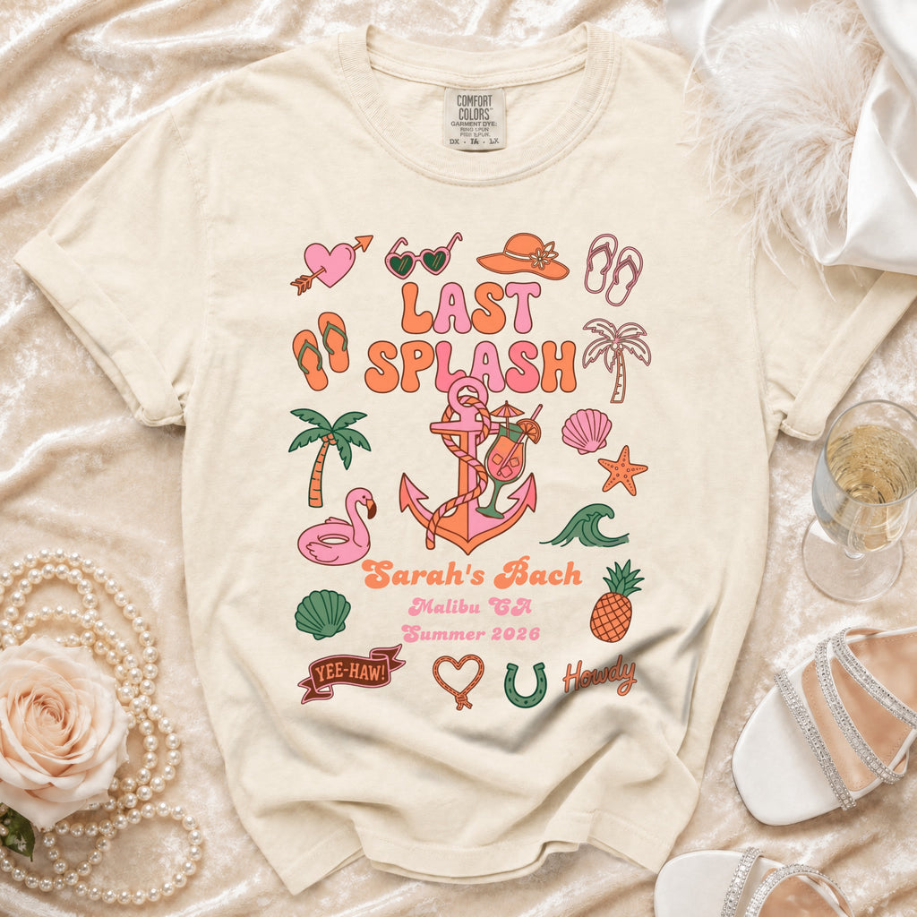 Cream t-shirt with "Last Splash" graphic and bachelorette party details.