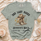 Cowboy boots, hat, sunflowers, and text for "Her Last Rodeo Jennifer's Bach Nashville, TN Summer 2026".