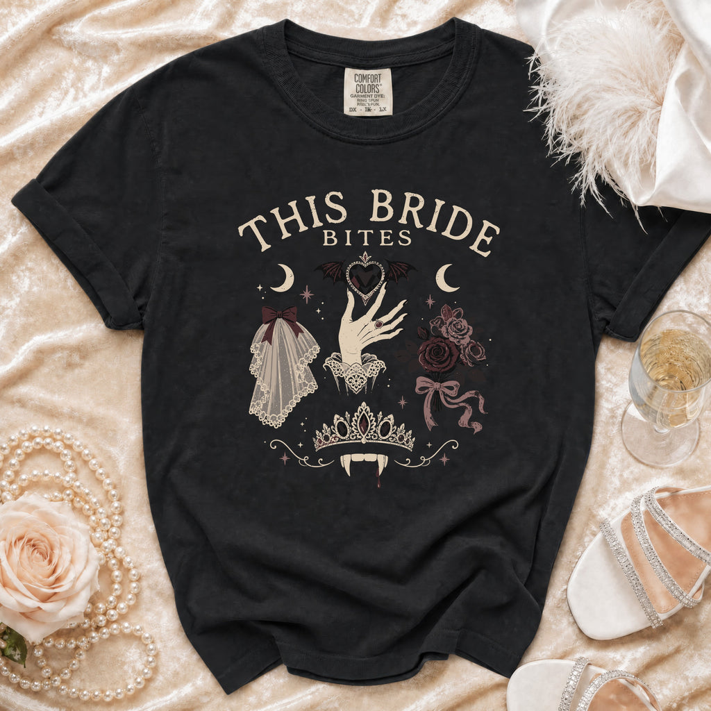 Black t-shirt with "This Bride Bites" design and vampire motifs.