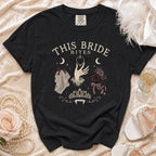 Black t-shirt with "This Bride Bites" design and vampire motifs.