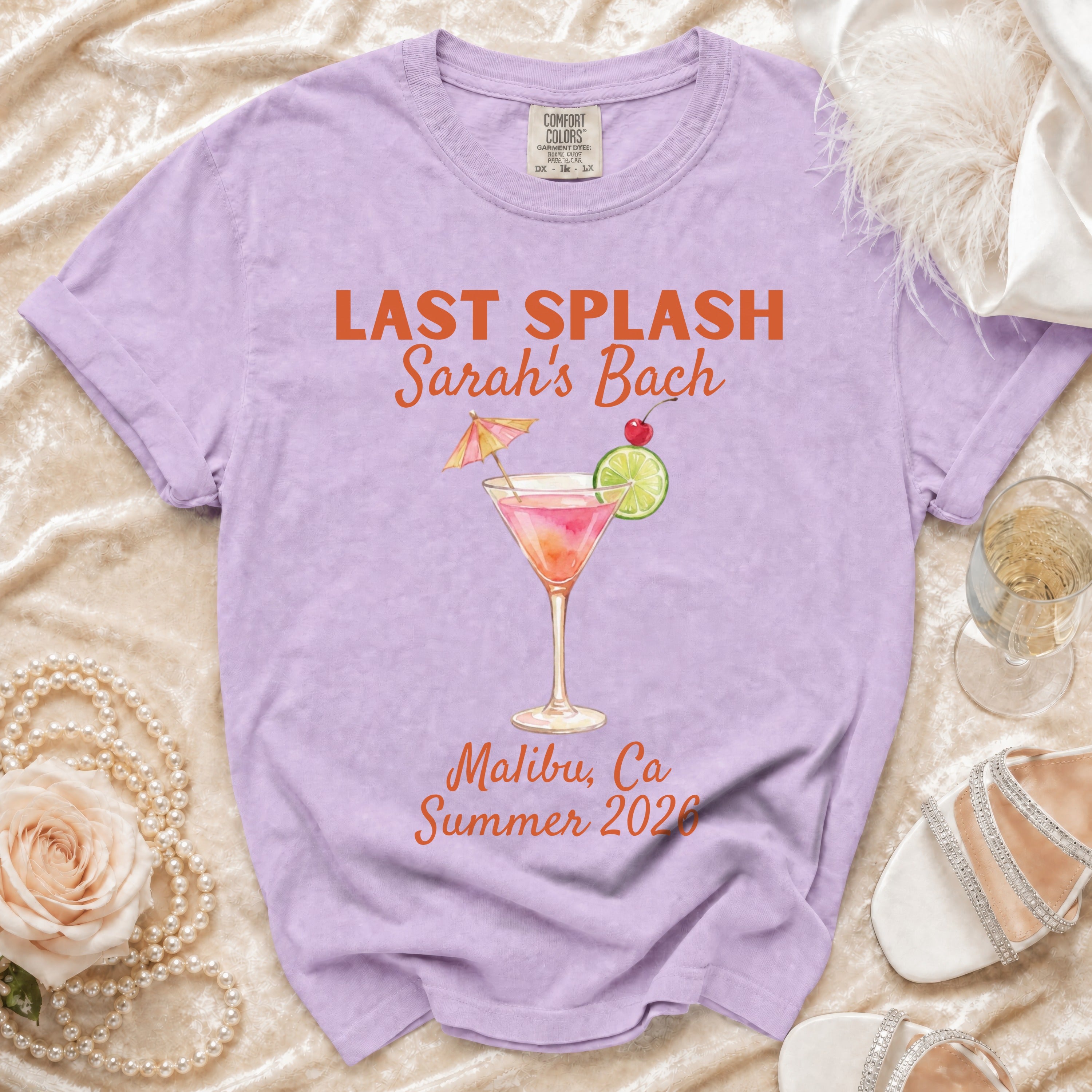 Lavender t-shirt with "Last Splash Sarah's Bach Malibu, Ca Summer 2026" text.