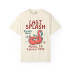 Cream t-shirt with "Last Splash Sarah's Bach Malibu, CA Summer 2026" and flamingo float.