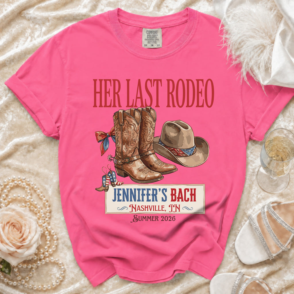 Pink t-shirt with "HER LAST RODEO" and "JENNIFER'S BACH" text, cowboy boots, and hat.