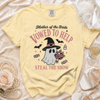 Yellow t-shirt with ghost graphic and "Mother of the Bride Vowed to Help Steal the Show" text.