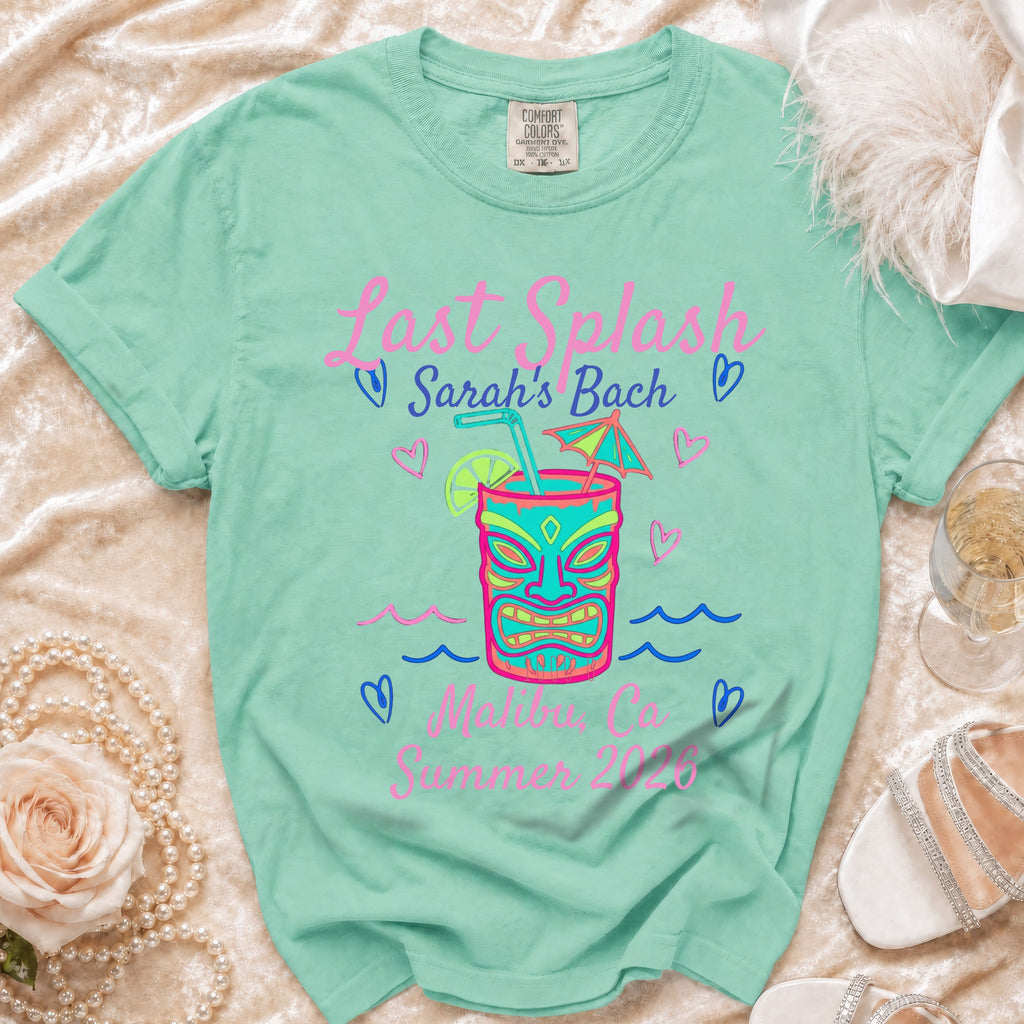Mint green t-shirt with "Last Splash Sarah's Bach Malibu Ca Summer 2025" text.
