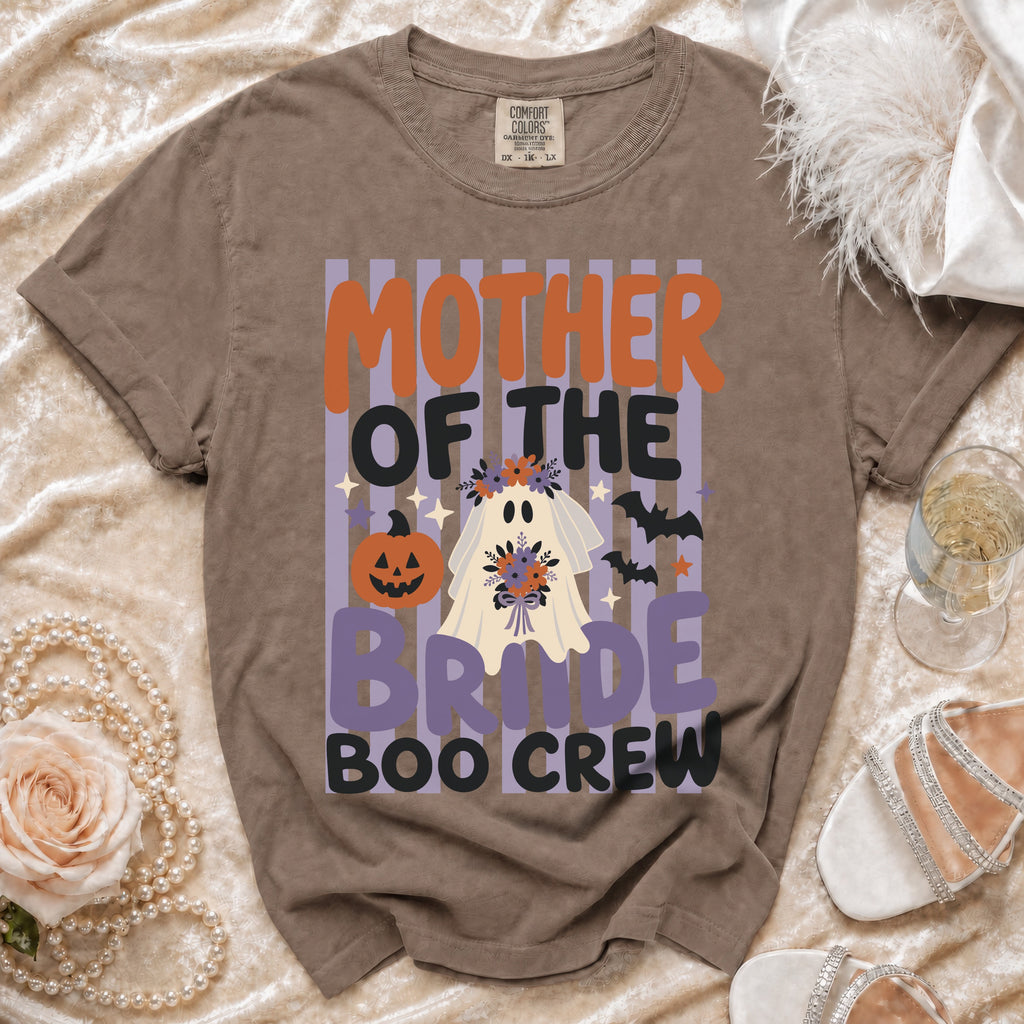 Brown crewneck t-shirt with Mother of the Bride Boo Crew and a ghost graphic.