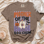 Brown crewneck t-shirt with Mother of the Bride Boo Crew and a ghost graphic.