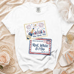 White t-shirt with New York and bachelorette design, July 4th, 2026.