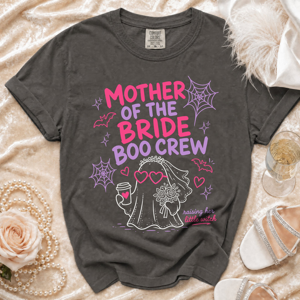 Gray t-shirt with "Mother of the Bride Boo Crew" text and ghost bride graphic.