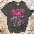 Gray t-shirt with "Mother of the Bride Boo Crew" text and ghost bride graphic.