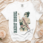White t-shirt with graphic of woman popping champagne, "Maid of Honor" text.