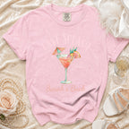Pink t-shirt with "Last Splash Sarah's Bach" and cocktail graphic.