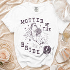 White t-shirt with "MOTHER OF THE BRIDE" text and ghost graphic.