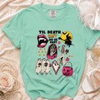 Mint t-shirt with "Til Death Can't Do Us Part" Halloween graphic.