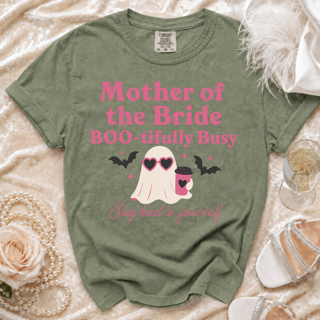 Green t-shirt with "Mother of the Bride Boo-tifully Busy" and a ghost.