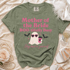 Green t-shirt with "Mother of the Bride Boo-tifully Busy" and a ghost.