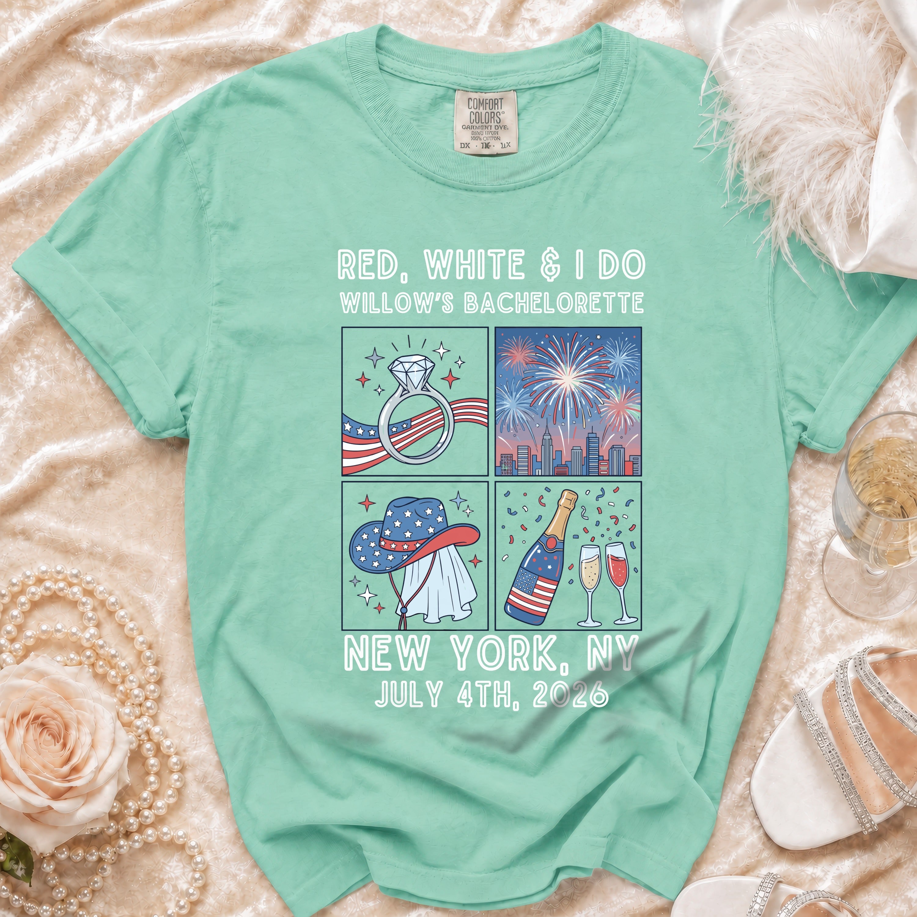 Red, white, and I Do Willow's Bachelorette New York July 4th, 2026 t-shirt.